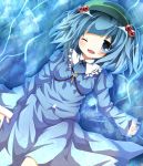  blue_hair chiruku hair_bobbles hair_ornament hat kawashiro_nitori key lying touhou twintails water wink 