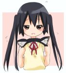 black_hair brown_eyes cat_ears hairband k-on! long_hair nakano_azusa nyanmilla school_uniform simple_background solo sweater_vest twintails 