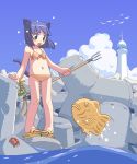  bandaid bikini blue_hair blush cat_ears child crab crustacean diving_mask food lighthouse original polearm sandals swimsuit taiyaki tetrapod trident wagashi waka_(artist) waka_(sagi) weapon 