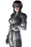  black_hair bodysuit breasts brown_eyes fingerless_gloves ghost_in_the_shell ghost_in_the_shell_stand_alone_complex gloves highres hinemaru jacket kusanagi_motoko leather lips purple_hair solo unzipped 