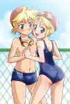  blue_eyes blush child goggles hand_holding hikari. holding_hands kagamine_len kagamine_rin one-piece_swimsuit school_swimsuit short_hair siblings smile swim_cap swimsuit twins vocaloid 