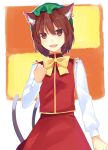  1girl amazakesakumi1222 animal_ears bow brown_hair cat_ears cat_tail chen earrings fangs hat jewelry multiple_tails red_eyes short_hair skirt smile solo tail touhou 