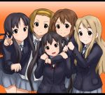  akiyama_mio black_eyes black_hair blonde_hair blue_eyes brown_eyes brown_hair hair_ornament hairband hairclip hirasawa_yui hug k-on! kotobuki_tsumugi long_hair multiple_girls nakano_azusa namine0079 pantyhose school_uniform short_hair tainaka_ritsu twintails v 