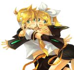  bin_(pixiv) blonde_hair green_eyes grin hair_ornament hair_ribbon hairclip hana_(mew) headphones hug kagamine_len kagamine_rin nail_polish necktie ribbon sailor_collar short_hair shorts siblings smile twins v vocaloid 