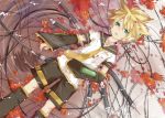  blonde_hair blue_eyes cable detached_sleeves flower_petals headphones hekicha kagamine_len lying male necktie petals scarf short_hair shorts solo vocaloid wires 