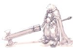  cape furry highres hitomaru huge_sword monochrome monster pink sketch sword weapon 