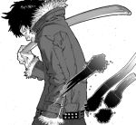  angry belt jacket kozaki_yusuke kozaki_yuusuke male monochrome profile source_request straps sword weapon 