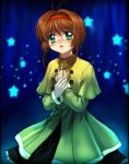  blush brown_hair card_captor_sakura gloves green_eyes kinomoto_sakura lights love 