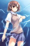  brown_eyes brown_hair electricity hair_ornament hairclip kusakami_akira misaka_mikoto school_uniform skirt smile to_aru_kagaku_no_railgun to_aru_majutsu_no_index 