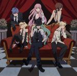  blue_hair breasts brown_hair checkered chin_rest cleavage couch dress esukee fedora flower formal gangster gloves green_hair grin hair_ribbon hat hatsune_miku kagamine_len kagamine_rin kaito large_breasts legs long_hair mafia megurine_luka meiko necktie pant_suit pink_hair ribbon short_hair shorts sitting smile suit suspenders thigh-highs thighhighs vocaloid 