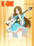  brown_hair flying_v glasses guitar instrument japanese_clothes jumping k-on! kimono long_hair niwatori_kokezou short_kimono solo typo yamanaka_sawako 