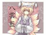  fox_tail hands_in_sleeves hat multiple_tails smile tail takemori_shintarou touhou yakumo_ran yellow_eyes 