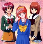  90s adjusting_hair blue_eyes bow fujisaki_shiori hairband hands_clasped hinomoto_hikari kokura_masashi long_hair makihara_yukiko mole multiple_girls official_art orange_dress pink_hair red_eyes red_hair redhead scan school_uniform serafuku shool_uniform short_hair skirt tokimeki_memorial tokimeki_memorial_1 tokimeki_memorial_2 tokimeki_memorial_3 