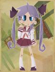  1girl blue_eyes blush gashi-gashi hiiragi_kagami lucky_star purple_hair school_uniform serafuku solo twintails 