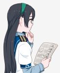 1girl black_hair glasses hairband kantai_collection long_hair newspaper ojipon ooyodo_(kantai_collection) reading school_uniform serafuku smile solo translated 