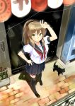  1girl brown_hair cat denchuubou from_above green_eyes hand_on_hip long_hair looking_at_viewer original pleated_skirt ponytail school_uniform serafuku skirt smile solo standing 
