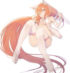  1girl :t animal_ears blush breasts cleavage detached_sleeves green_eyes kikkaiki long_hair navel orange_hair original simple_background solo thigh-highs veil very_long_hair white_background white_legwear 