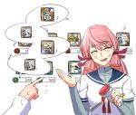  1boy 1girl admiral_(kantai_collection) akashi_(kantai_collection) anger_vein arrow closed_eyes gameplay_mechanics hair_ribbon head_out_of_frame highres kantai_collection long_hair long_sleeves lulu_heika military military_uniform naval_uniform out_of_frame pink_hair ribbon scanner school_uniform serafuku tress_ribbon uniform 