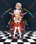  2girls absurdres armchair blonde_hair chain chair checkered checkered_floor crystal dark_persona dual_persona evil_grin evil_smile flandre_scarlet full_body glowing grin hat hat_ribbon highres looking_at_viewer mary_janes mob_cap multiple_girls puffy_sleeves red_eyes ribbon shaded_face shi_yu_mu_yun shirt shoes short_sleeves side_ponytail sitting skirt skirt_set smile socks stuffed_animal stuffed_toy teddy_bear touhou vest white_legwear wings wrist_cuffs 
