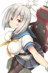  1girl antennae backpack bag behind_back blue_eyes blue_skirt blush bouncing_breasts breasts brown_legwear buttons closed_mouth covered_nipples cowboy_shot gloves hair_ornament hairclip hamakaze_(kantai_collection) highres holster ichikawa_feesu kantai_collection large_breasts miniskirt neckerchief outstretched_arms over_shoulder pantyhose pleated_skirt running sailor_collar school_uniform serafuku short_hair skirt smile solo strap_cleavage thigh_holster thigh_strap white_gloves 