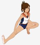  1girl barefoot brown_eyes brown_hair feet full_body i-401_(kantai_collection) kantai_collection long_hair ojipon one-piece_swimsuit ponytail school_swimsuit simple_background smile solo stretch swimsuit tan tanline 