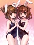  2girls alternate_costume animal_ears bare_legs bare_shoulders brown_eyes brown_hair bunny_girl bunny_tail bunnysuit collarbone flat_chest folded_ponytail gradient gradient_background hair_between_eyes highres holding_hands ikazuchi_(kantai_collection) inazuma_(kantai_collection) kantai_collection leotard long_hair looking_at_viewer multiple_girls off_shoulder rabbit_ears short_hair tail wavy_mouth you_naka 