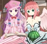  2girls angel_wings artist_name bare_shoulders blush book bookshelf breasts capelet chain cleavage cleavage_cutout collar crescent crossover dress food fruit green_eyes hair_ribbon hat ikaros l4no long_hair long_sleeves looking_down low_twintails mob_cap multiple_girls open_book open_mouth patchouli_knowledge pink_hair purple_hair reading ribbon robot_ears sitting smile sora_no_otoshimono striped striped_dress touhou tress_ribbon twintails violet_eyes watermelon wings 