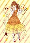  1girl brown_eyes brown_hair cake cross-laced_footwear dress food fork full_body heart holding holding_plate jam knife layered_dress long_hair long_sleeves looking_at_viewer midorino original pancake pantyhose personification plant see-through shoes solo standing teapot white_legwear yellow_dress 