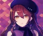  1girl bare_shoulders beret black_headwear blurry blurry_background bow brown_eyes brown_hair commentary_request depth_of_field earrings flower hat idolmaster idolmaster_shiny_colors jewelry long_hair looking_at_viewer minyom oosaki_tenka parted_lips pink_flower portrait purple_bow signature sleeveless solo 