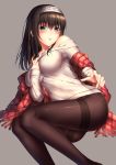  1girl absurdres artist_request black_hair blue_eyes blush breasts hairband highres idolmaster idolmaster_cinderella_girls long_hair looking_at_viewer md5_mismatch off-shoulder_sweater open_mouth pantyhose ribbed_sweater sagisawa_fumika shawl solo sweater yomono 