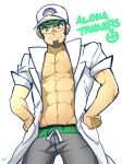  1boy abs baseball_cap beard facial_hair hands_on_hips hat highres kukui_(pokemon) labcoat male_focus muscle pokemon pokemon_(game) pokemon_sm shirtless simple_background smile solo white_background 