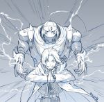  2boys alphonse_elric armor artist_name blue_background braid brothers edward_elric feathers fullmetal_alchemist gradient gradient_background grin hands_together looking_at_viewer male_focus monochrome multiple_boys ponytail siblings simple_background smile twitter_username 