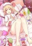  1girl absurdres ascot ass barefoot blonde_hair blush character_doll convenient_leg crystal dutch_angle fang flandre_scarlet full_body glowing hat hat_ribbon heart heart-shaped_pupils highres hong_meiling izayoi_sakuya looking_at_viewer lying mob_cap moyashi_baasuto on_back on_bed open_mouth patchouli_knowledge pillow puffy_sleeves red_eyes remilia_scarlet ribbon shirt short_sleeves side_ponytail skirt skirt_lift skirt_set smile solo sparkle symbol-shaped_pupils touhou vest wings 