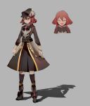  1girl belt boots bow cabbie_hat character_sheet closed_eyes dress face frills full_body fur_trim grey_background hair_between_eyes hat highres kneehighs kor long_sleeves open_mouth original puffy_sleeves red_eyes redhead shadow short_hair sidelocks simple_background solo standing 