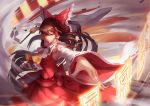  1girl bow brown_eyes brown_hair codec007 detached_sleeves dress gohei hair_bow hair_tubes hakurei_reimu highres long_hair long_sleeves looking_at_viewer nontraditional_miko outstretched_arms red_dress revision sash solo spell_card touhou wide_sleeves 