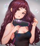  1girl bangs big_hair blush breasts bubble cable camisole cleavage danann drying_hair grey_background hair_dryer head_tilt holding holding_hair lips long_hair looking_at_viewer looking_away looking_to_the_side original parted_lips solo upper_body wavy_hair 