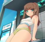  &gt;:&gt; 1girl aqua_eyes bare_shoulders blue_sky blush body_blush breasts brown_hair bus_stop camisole closed_mouth cowboy_shot day eyebrows eyebrows_visible_through_hair green_shorts hair_ribbon kuroonehalf leaning_back long_hair looking_at_viewer navel original outdoors plant ponytail red_ribbon ribbon road_sign shiny shiny_skin short_shorts shorts sign sitting sky smile solo standing stomach thighs tree tsurime 
