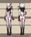  1girl absurdres ass black_hair bodysuit breasts character_request character_sheet cleavage dark_persona detached_sleeves highres kantai_collection looking_down multicolored_hair notchi open_back open_clothes red_eyes shinkaisei-kan solo thigh_gap torn_clothes two-tone_hair veins white_hair white_skin 