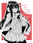  1girl 2016 black_eyes black_hair black_legwear cape cowboy_shot doll earmuffs happy_new_year holding_doll kojima_saya long_sleeves looking_at_viewer monochrome new_year original pantyhose pleated_skirt pom_pom_(clothes) red_background ribbed_sweater sidelocks skirt smile solo sweater translated 