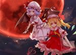  2girls ascot bat_wings blonde_hair blue_hair cherry_blossoms flandre_scarlet flying frills full_moon hat hat_ribbon highres laevatein looking_at_viewer mob_cap moon multiple_girls night parted_lips petals puffy_short_sleeves puffy_sleeves red_eyes red_moon red_skirt remilia_scarlet ribbon shirt short_sleeves skirt skirt_set smile touhou vest whisper_(artist) white_shirt white_skirt wings wrist_cuffs 