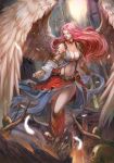  1girl angel angel_wings aurora_rokudo bare_shoulders breasts cleavage closed_eyes corpse dress feathered_wings feathers full_body gloves highres large_breasts light_rays long_hair navel original outstretched_arm outstretched_hand parted_lips pink_hair shingoku_no_valhalla_gate solo_focus thighs very_long_hair white_wings wings zombie 