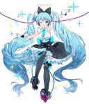  1girl arm_up armpits blue_eyes blue_hair boots dress full_body gloves hatsune_miku headphones highres long_hair looking_at_viewer necktie one_eye_closed petticoat rumi_(rarumi11) solo thigh-highs thigh_boots twintails very_long_hair vocaloid white_background 