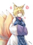  1girl :o angry animal_ears artist_name blonde_hair breasts fox_ears hands_in_sleeves highres large_breasts mild_pitch multiple_tails one_eye_closed solo tail touhou wide_sleeves yakumo_ran yellow_eyes 