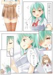  ... angry aqua_eyes blush bow bowtie breasts brown_eyes brown_legwear brown_skirt buttons byte_(allbyte) clenched_hands close-up collared_shirt comic dress_shirt dutch_angle face from_behind fume hair_ornament hair_over_one_eye hairclip headgear highres horizontal-striped_legwear kantai_collection kumano_(kantai_collection) large_breasts long_hair lower_body motion_lines outstretched_arms own_hands_together ponytail raised_fists red_bow red_bowtie round_teeth shirt short_sleeves shouting skirt speech_bubble suzuya_(kantai_collection) sweatdrop talking tareme teeth text thigh-highs translated upper_body white_shirt zettai_ryouiki 