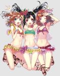  3girls :d \m/ \o/ absurdres aqua_eyes armpits arms_up asymmetrical_bangs bangs bead_necklace belt bikini bikini_skirt black_hair blush bow bracelet breasts flat_chest floating_hair flower front-tie_top full_body green_nails grey_background hair_flower hair_ornament hario_4 highres jewelry knees_together_feet_apart kousaka_honoka looking_at_viewer love_live!_school_idol_project multiple_girls nail_polish natsuiro_egao_de_1_2_jump! navel nishikino_maki one_eye_closed one_side_up open_mouth orange_hair outstretched_arms red_eyes red_nails redhead short_hair simple_background smile striped striped_bikini striped_swimsuit sunglasses sunglasses_on_head swimsuit toenail_polish twintails violet_eyes yazawa_nico yellow_nails 