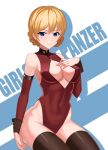  1girl adapted_costume alternate_costume argyle_cutout arm_at_side bangs black_legwear blonde_hair blue_eyes blush braid breast_suppress breasts cleavage_cutout closed_mouth copyright_name covered_navel cowboy_shot darjeeling detached_sleeves front_zipper_swimsuit girls_und_panzer highleg highleg_leotard leotard looking_at_viewer northman one-piece_swimsuit sitting smile solo swimsuit thigh-highs unzipped 