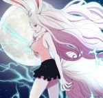  1girl animal_ears bunny_tail carrot_(one_piece) dress electricity fur_trim long_hair maiko_(mimi) moon night night_sky one_piece open_mouth pink_eyes rabbit_ears red_sclera sky solo tail teeth upper_body white_hair 