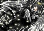  1boy 1girl absurdres ahoge alela_grora angel_wings black_dress black_hair boots dress eyepatch formal gloves grey_hair haiiro_teien halo highres long_hair pale_skin short_hair suit twintails wings wodahs 