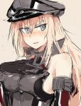  1girl bare_shoulders bismarck_(kantai_collection) black_gloves blonde_hair blue_eyes detached_sleeves gloves hand_on_own_chest hashigo hat kantai_collection long_hair looking_away military military_uniform peaked_cap smile solo uniform 
