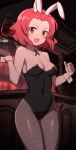  1girl :d bar blush breasts bunnysuit cleavage covered_navel detached_collar fishnet_pantyhose fishnets girls_und_panzer glastonbury1966 highres holding open_mouth orange_eyes pantyhose redhead rosehip short_hair smile solo wrist_cuffs 